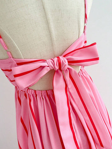 WYWH Vacation Beach Bowknot Backless Pink Dress With Spaghetti Straps