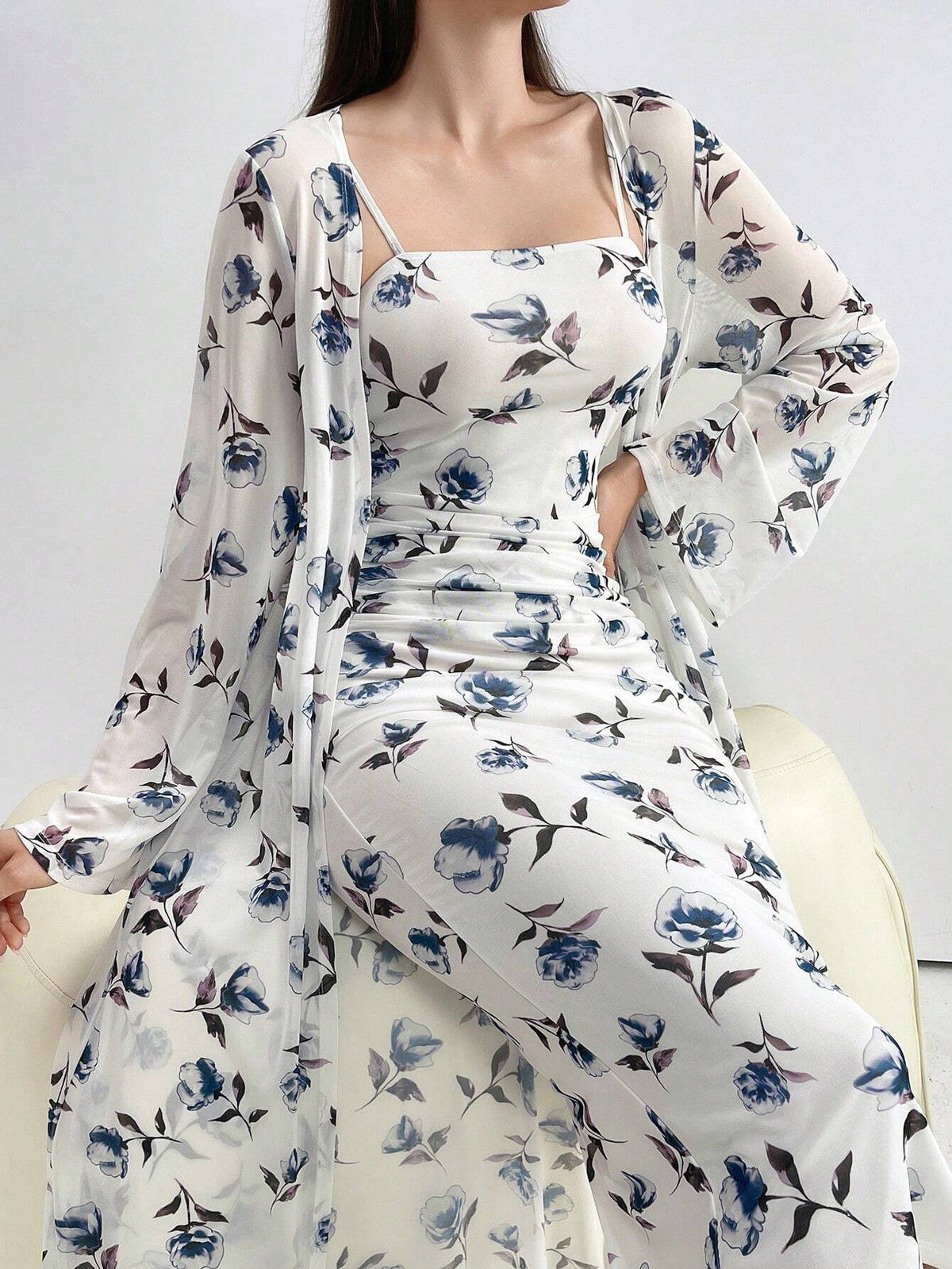 Modely Women Elegant 2pcs/Set Floral Print Long Sleeve Jacket And Spaghetti Strap Dress