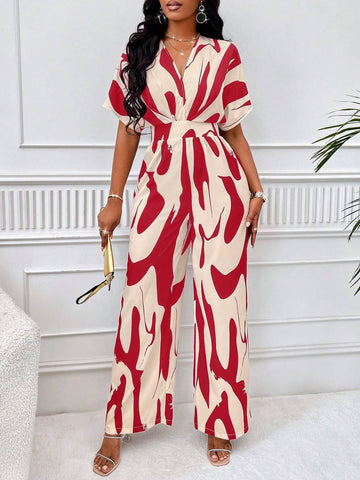 Lyxana Allover Print Batwing Sleeve Shirt Jumpsuit