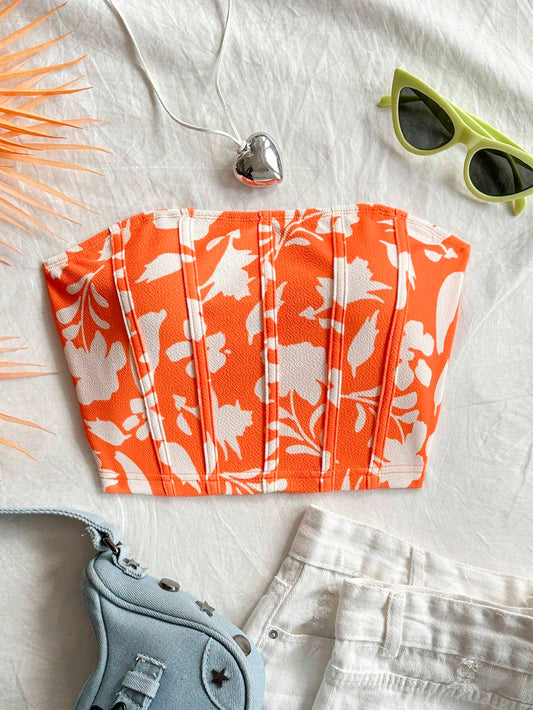 WYWH Orange Floral Print Short Crop Top