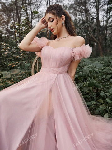 Faeriesty Ruched Bustier Mesh Overlay Prom Dress Formal Ball Gown For Women