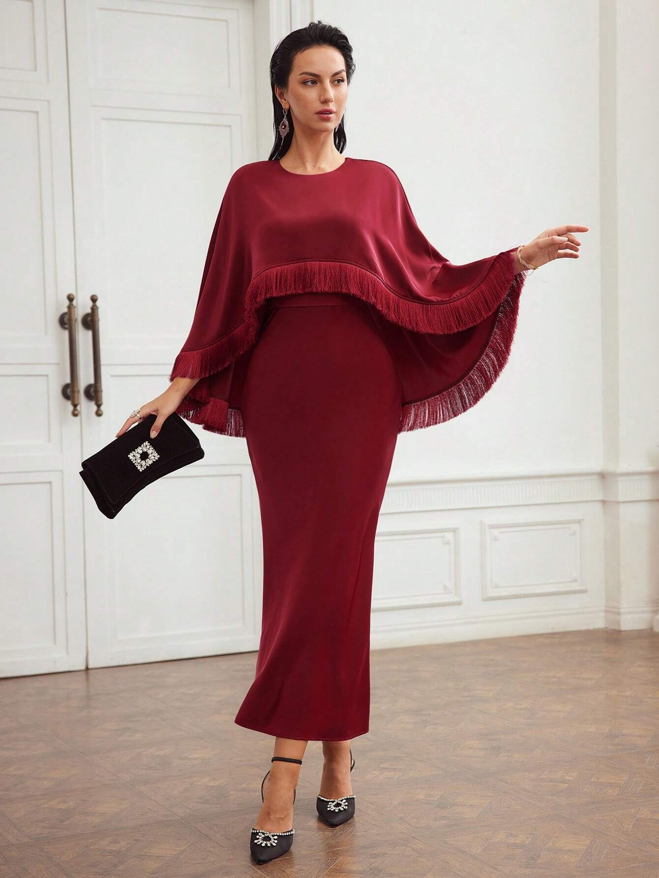 MOTF PREMIUM WOVEN WOMEN'S FRINGE TRIM BATWING SLEEVE MERMAID HEM DRESS