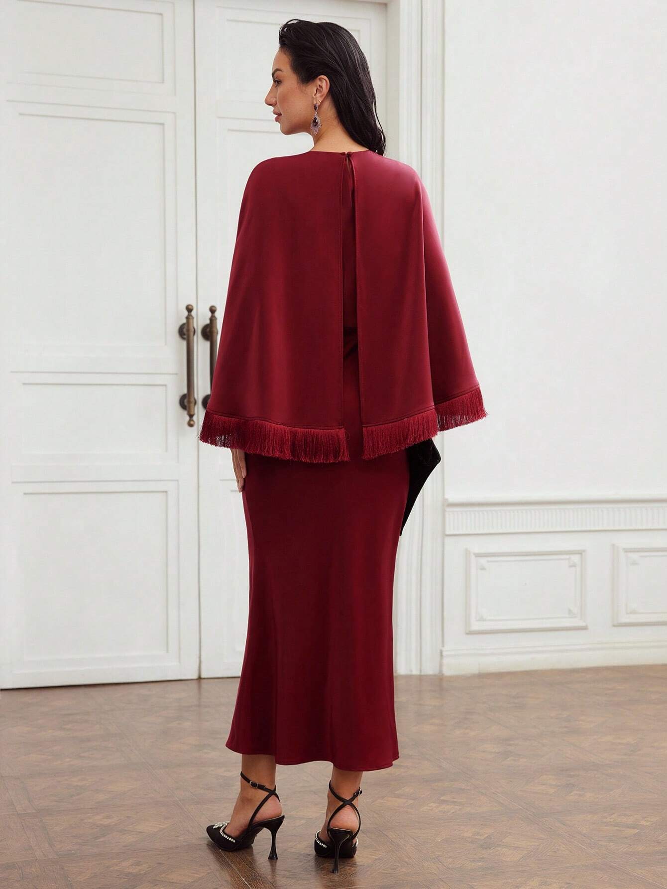 MOTF PREMIUM WOVEN WOMEN'S FRINGE TRIM BATWING SLEEVE MERMAID HEM DRESS