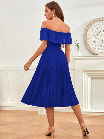 Clasi Patchwork Lace Ruffle Off-Shoulder Dress