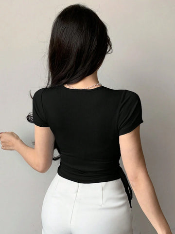 Hollow Drawstring Slim-Fit Short Sleeve T-Shirt