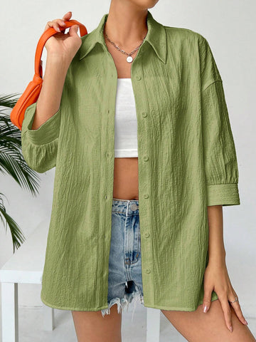 EZwear Linen Solid Drop Shoulder Button Front Beach Shirt