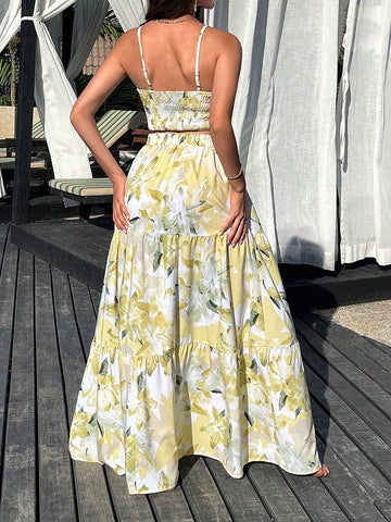 VCAY Floral Printed Spaghetti Strap Twist Front Sleeveless Top And Ruffled Hem Skirt