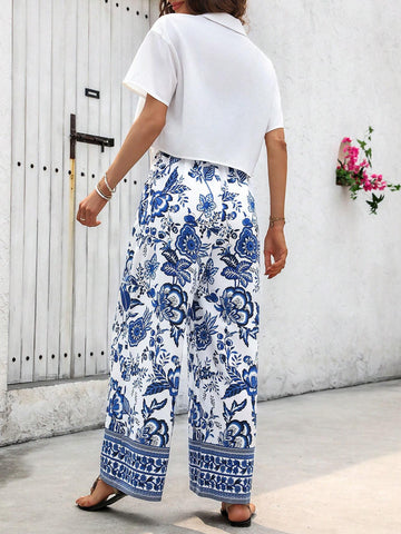 LUNE Casual Women Solid Color Tie Front Shirt And Floral Printed Spaghetti Strap Jumpsuit Set