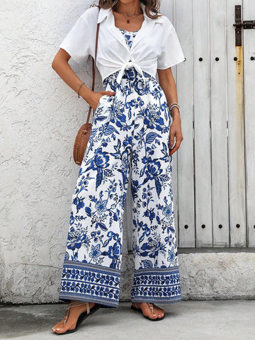 LUNE Casual Women Solid Color Tie Front Shirt And Floral Printed Spaghetti Strap Jumpsuit Set