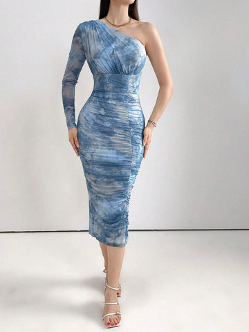 Modely Women SpringSummer One Shoulder Long Sleeve Tie-Dye Print Slim Elegant Maxi Dress