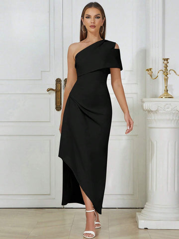 One Shoulder Ruched Asymmetrical Hem Dress