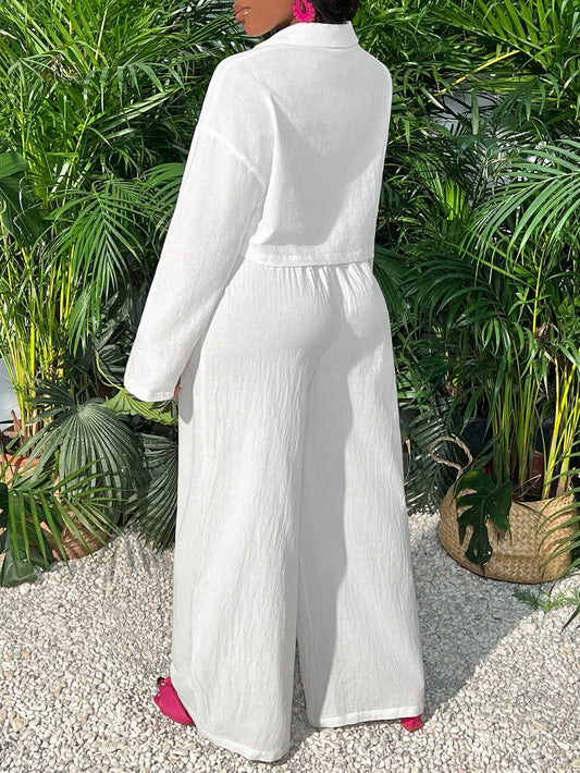 Slayr Casual Loose White Long Sleeve Cropped Shirt Top And Wide Leg Pants