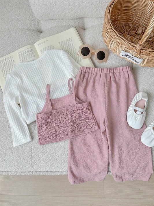 3pcs Baby Girl Cute Knitted Long Sleeve Jacket Solid Color Tank Top Long Pant Casual Outfits