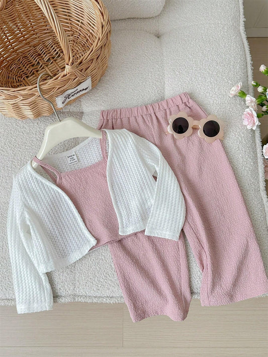 3pcs Baby Girl Cute Knitted Long Sleeve Jacket Solid Color Tank Top Long Pant Casual Outfits