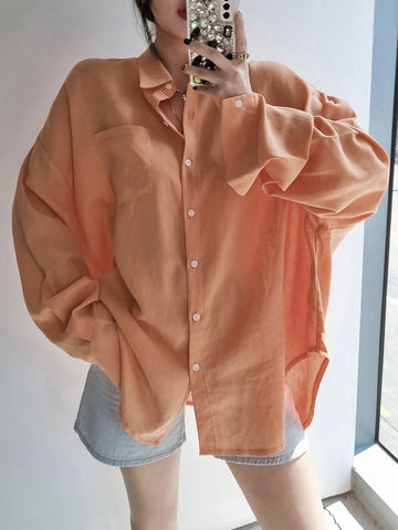 Women's Solid Color Single Breasted Asymmetrical Hem Super Loose Shirt