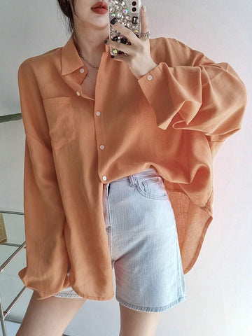 Women's Solid Color Single Breasted Asymmetrical Hem Super Loose Shirt