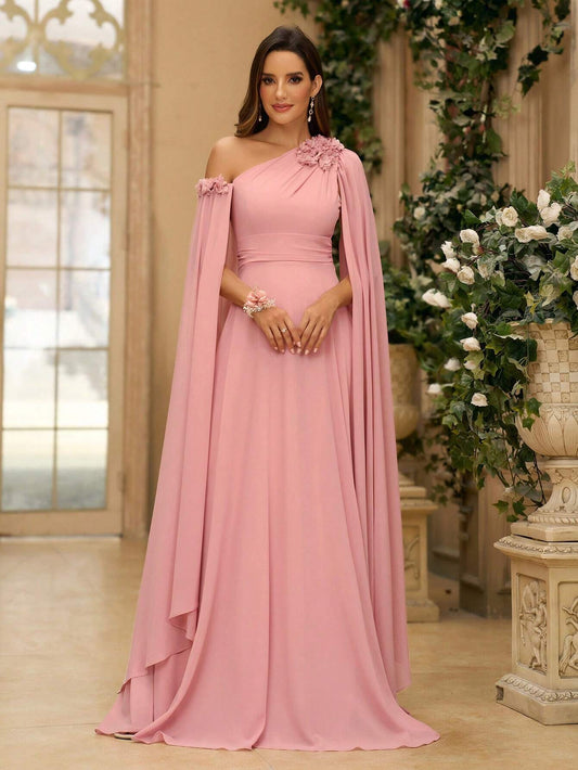 Belle 3D Flower, Chiffon, Asymmetrical Neck Bridesmaid Dress With Graceful Sleeves
