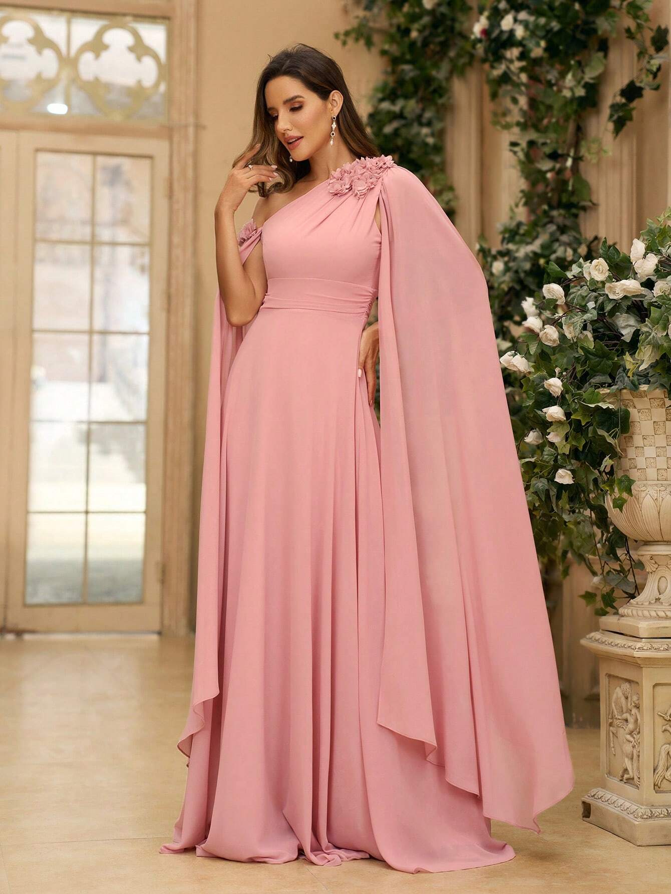 Belle Bridesmaid Dress With Chiffon Oblique Shoulder And Floral Embellishment