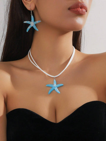 1 set of 3 pieces simple fashion starfish pendant necklace marine style exaggerated earrings