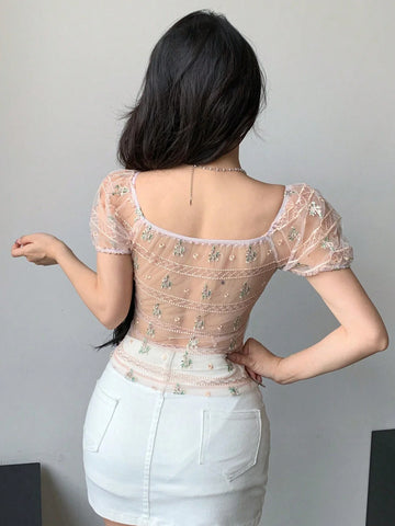 DAZY Mesh Embroidered See-Through Short Sleeve Slim Fit Women Top