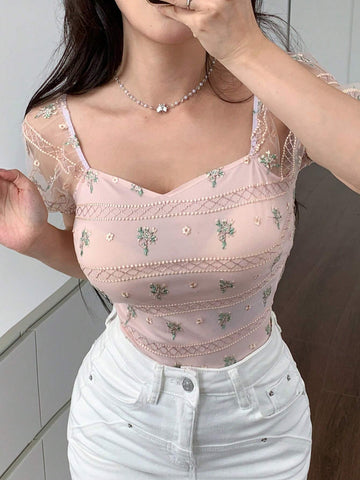 DAZY Mesh Embroidered See-Through Short Sleeve Slim Fit Women Top