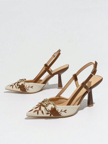 Women's Embroidery Chain Decor Pointed Toe Slip-On High Heel Sandals