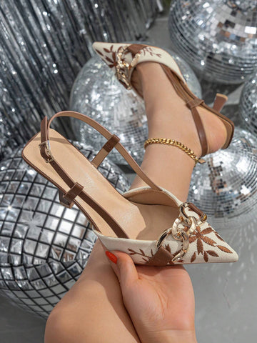 Women's Embroidery Chain Decor Pointed Toe Slip-On High Heel Sandals