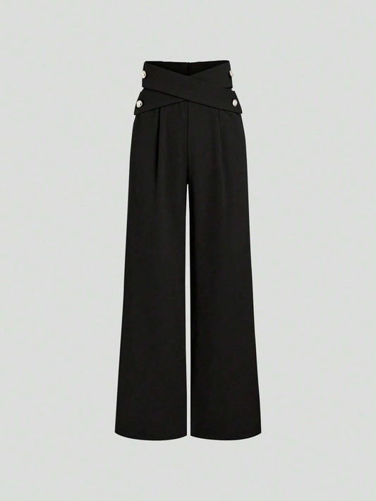 Sweetro Women's High-Waisted Button Decorated Wide Leg Pants