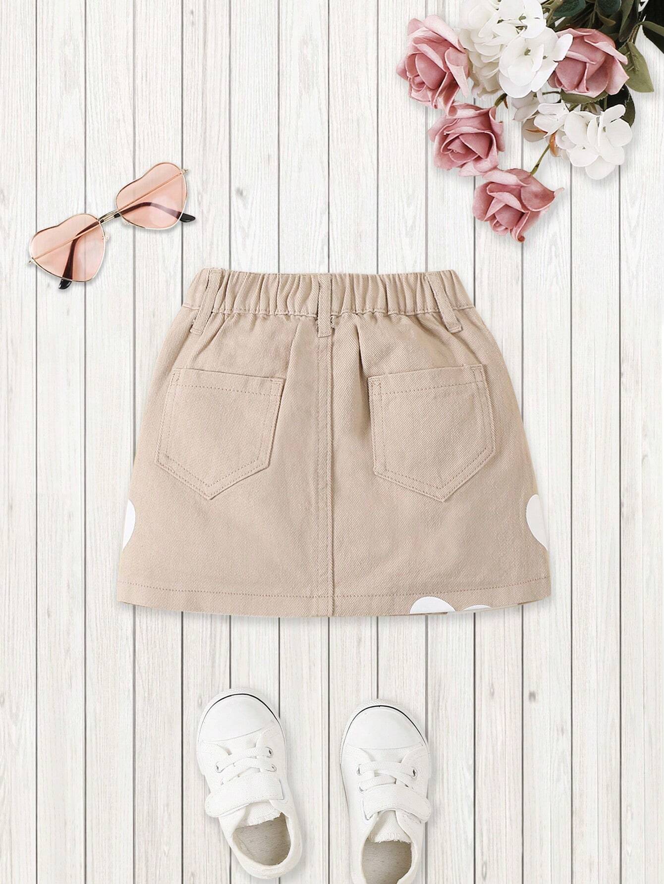 Young Girl Y2k Style Sweet And Cool Heart-Shaped Printing Elastic Waist Denim Skirt