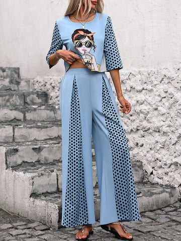 LUNE Ladies' Portrait & Polka Dot Printed Top And Wide Leg Pants