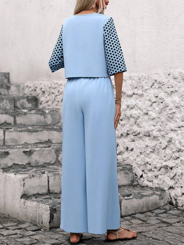 LUNE Ladies' Portrait & Polka Dot Printed Top And Wide Leg Pants