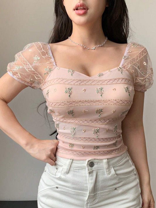 DAZY Mesh Embroidered See-Through Short Sleeve Slim Fit Women Top