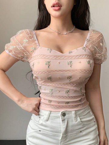 DAZY Mesh Embroidered See-Through Short Sleeve Slim Fit Women Top