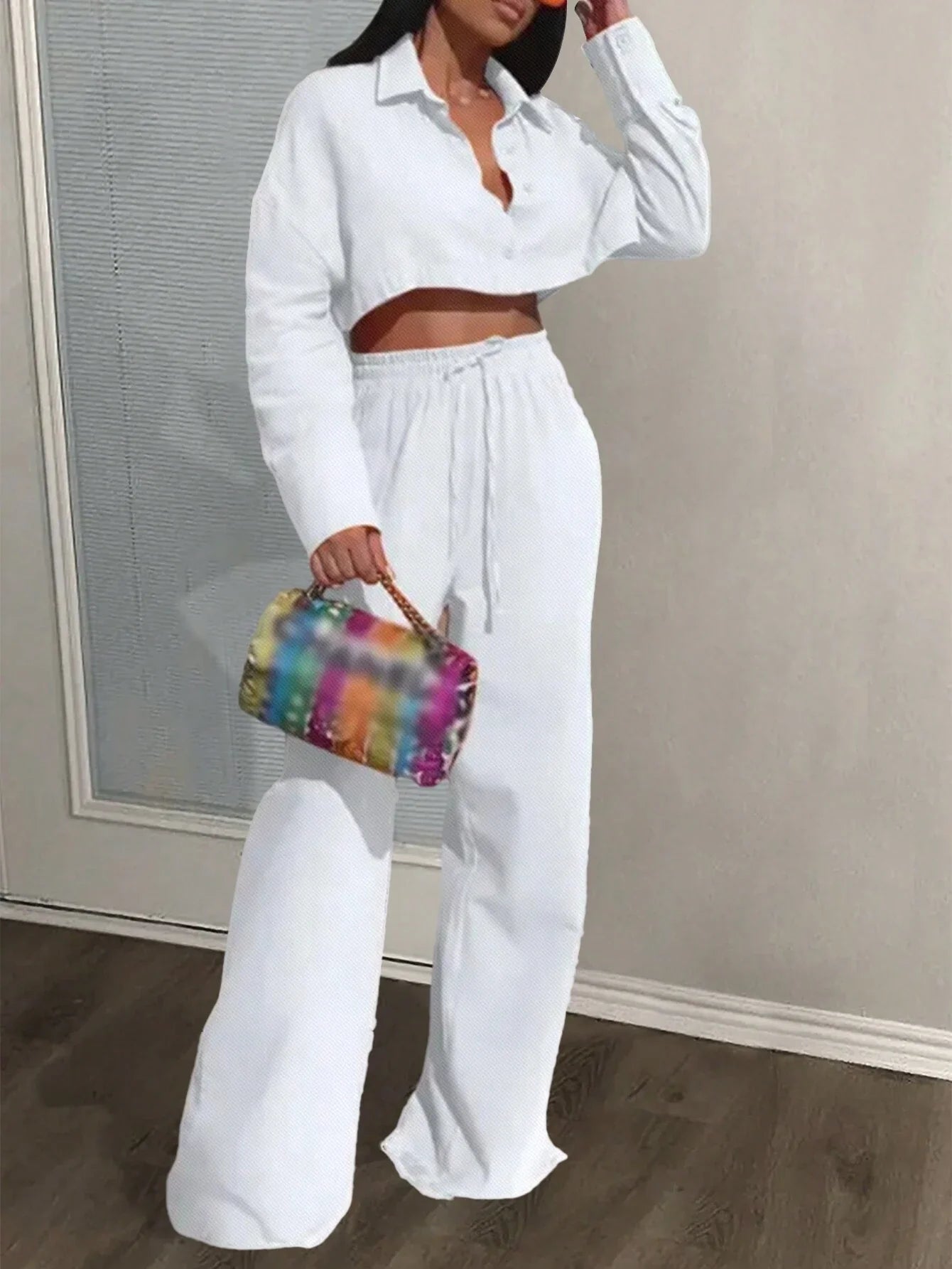 Slayr Casual Loose White Long Sleeve Cropped Shirt Top And Wide Leg Pants