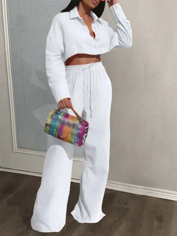 Slayr Casual Loose White Long Sleeve Cropped Shirt Top And Wide Leg Pants