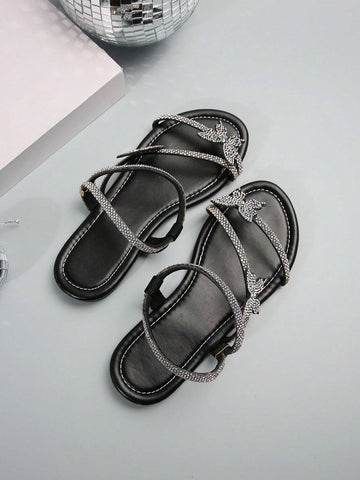 Rhinestone Bow & Multiple Straps Two Way Wear Women's Slippers