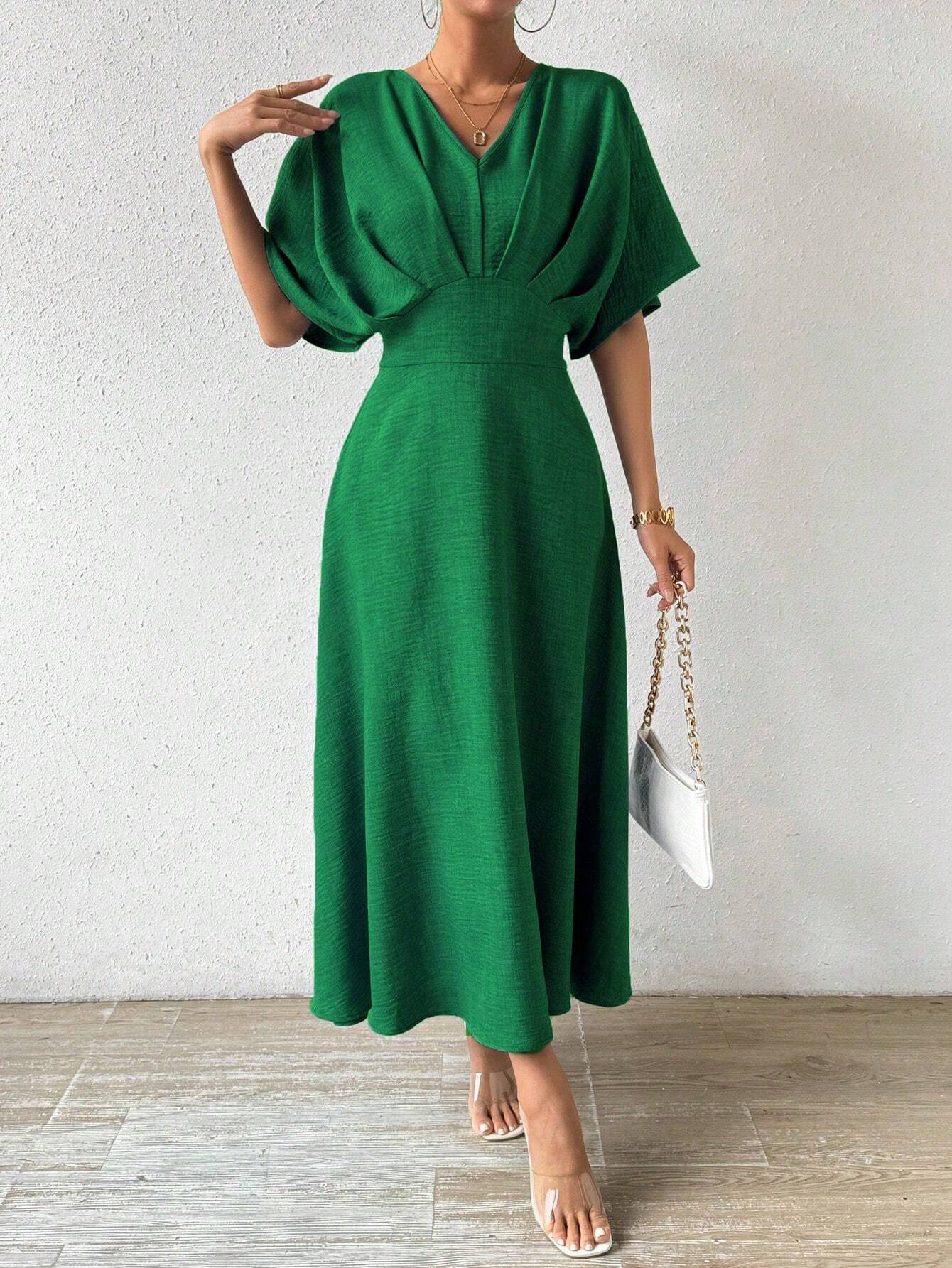 Priv� V-Neck Pleated Batwing Sleeve Dress