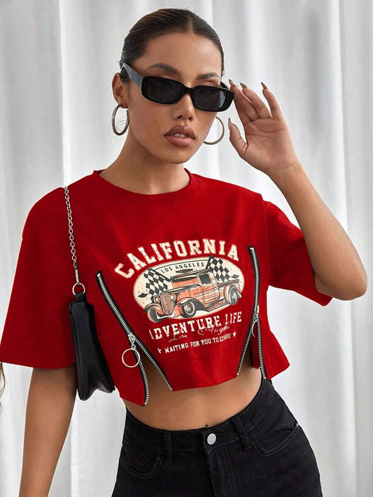 StreetHx Car & Slogan Print Zipper Short Sleeve Crop Top
