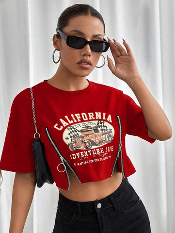 StreetHx Car & Slogan Print Zipper Short Sleeve Crop Top
