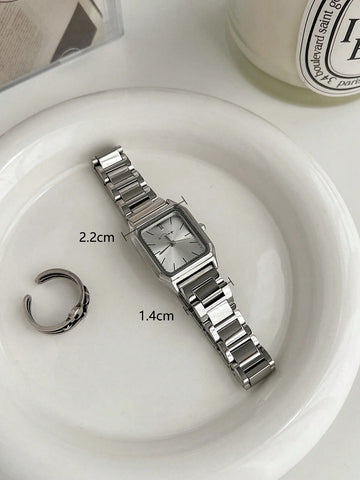 1pc Women Silver Stainless Steel Strap Casual Water Resistant Square Dial Quartz Watch