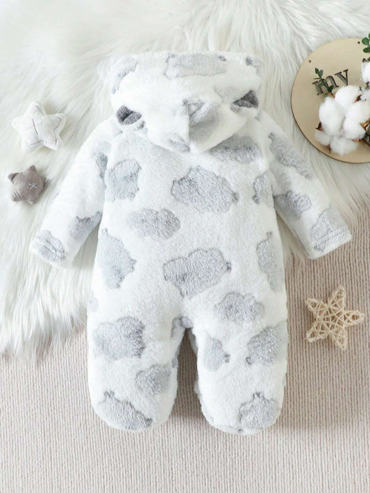 Baby Boy Hooded Printed Plush Footed Jumpsuit