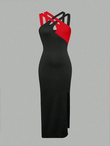 Priv� Color-Blocked Leopard Print Halterneck Dress With Hollow-Out Details