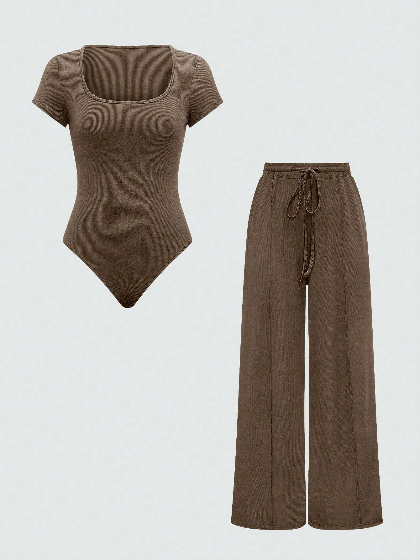 EZwear Plain Color Asymmetric Hem Top And Pants Two Piece Set