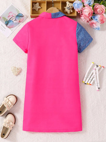 Tween Girl Fashionable Color Block Stationery Pattern Printed Short Sleeve Dress