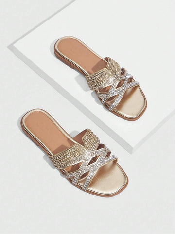 Metallic Ombre Rhinestone Embellished Casual Party Flat Slippers