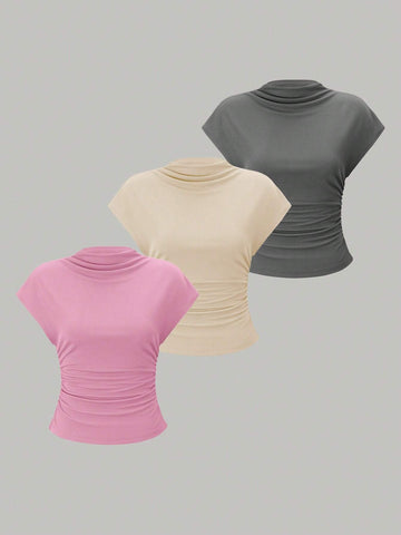 Essnce 3pcs Stand Collar & Pleated Design T-Shirt