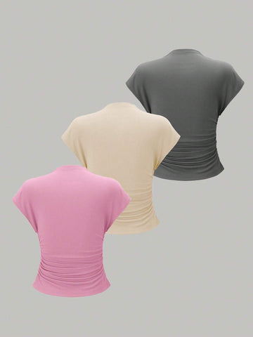 Essnce 3pcs Stand Collar & Pleated Design T-Shirt