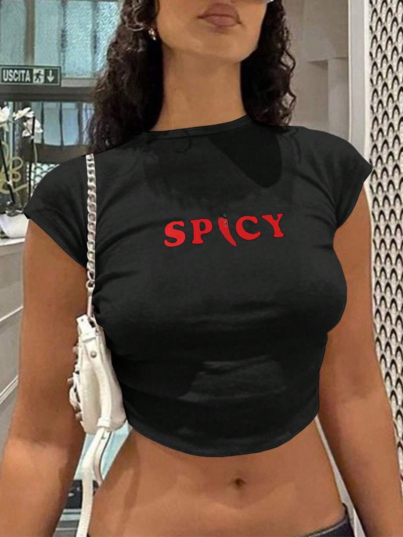 Essnce Women's Summer Short Sleeve Crop Top Letter Print Casual T-Shirt