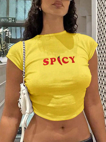 Essnce Women's Summer Short Sleeve Crop Top Letter Print Casual T-Shirt