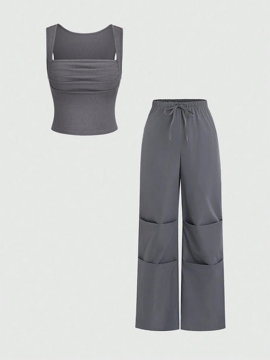 MOOSTA Solid Color Square Neck Pleated Tank Top And Drawstring Waist Pocket Pants